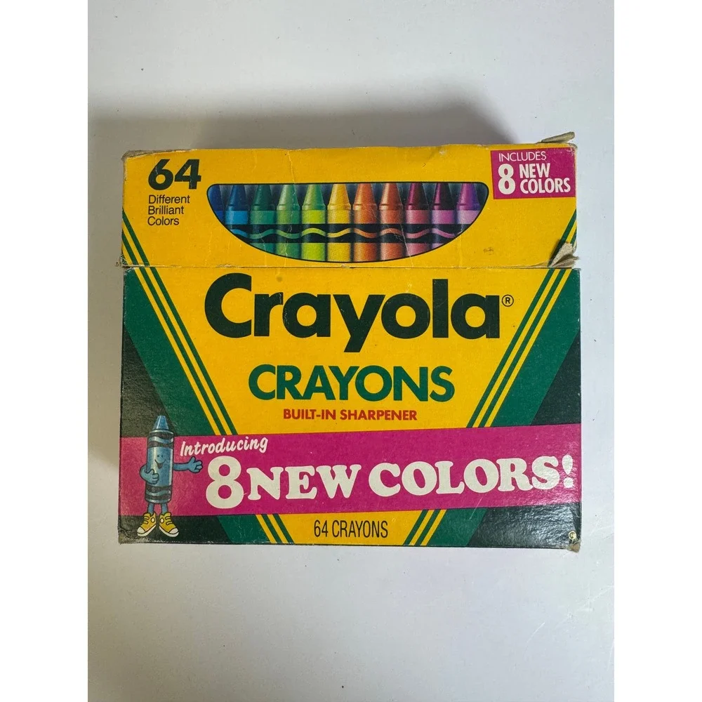 Vintage 1990 Crayola 64 Crayons Box with Sharpener 8 New Colors Collectible Art